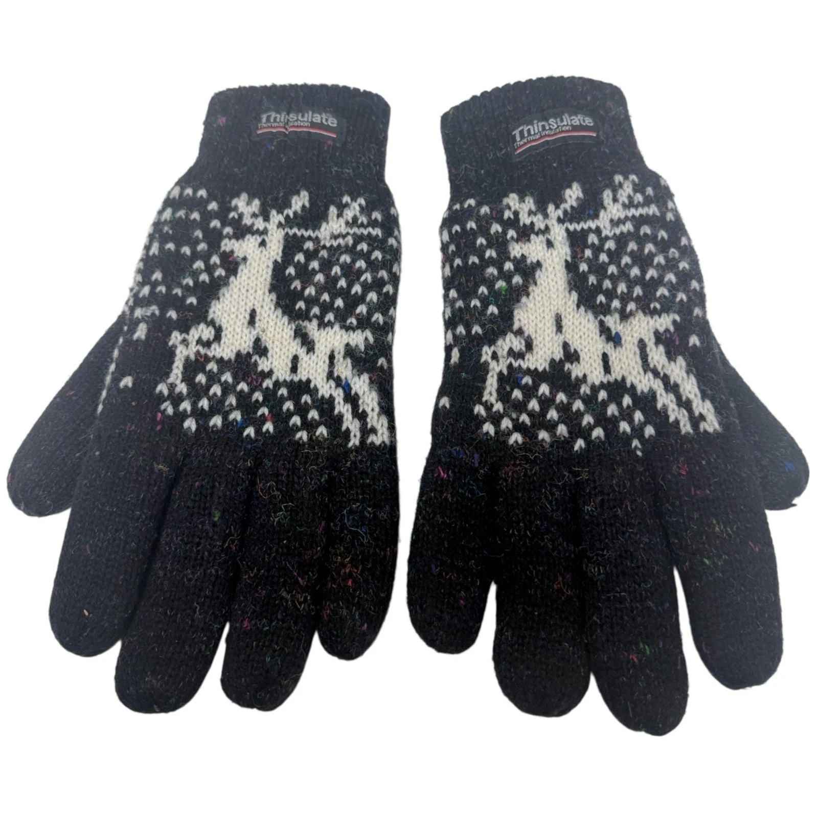 Vintage Thinsulate Mens Gloves Wool Blend Knit Fleece Gray Nordic Deer Fair Isle