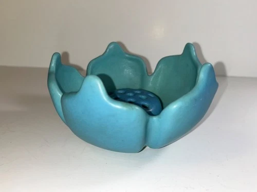 Vintage Van Briggle Art Pottery Ming Blue Lotus Bowl with Flower Frog Colo USA