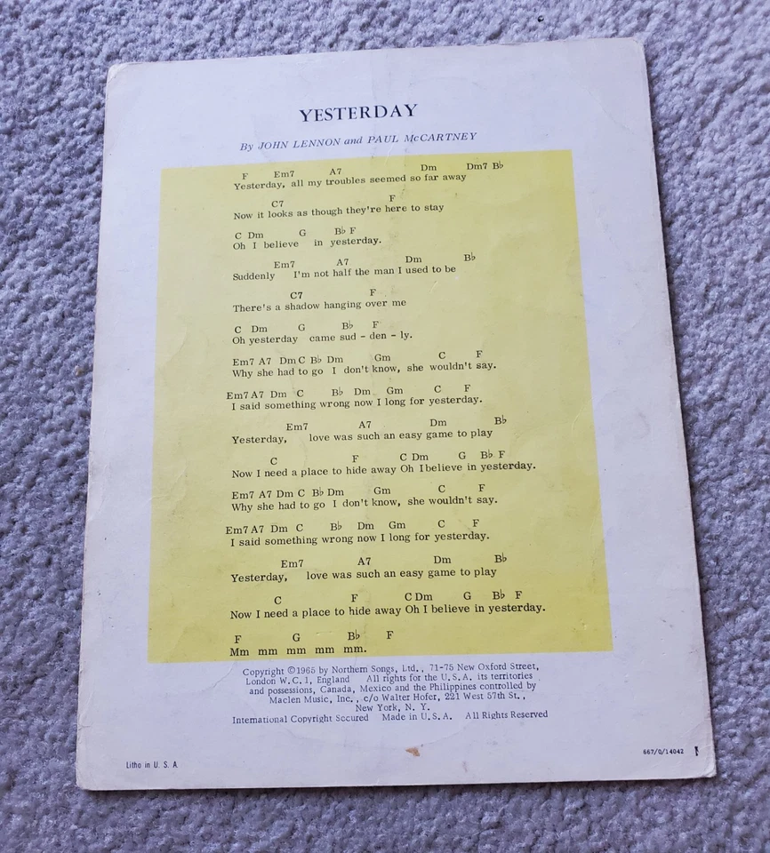 YESTERDAY Sheet Music John Lennon & Paul McCartney BEATLES 1965 Maclen Music - Image 2 of 4