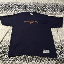 Vintage 90s Russell Athletic Cotton T-Shirt M Made in USA Logo Tee Navy Blue