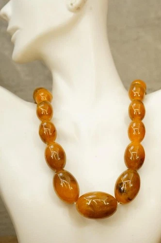 VINTAGE Costume Jewelry Butterscotch Bakelite Oblong Beaded Necklace 30"