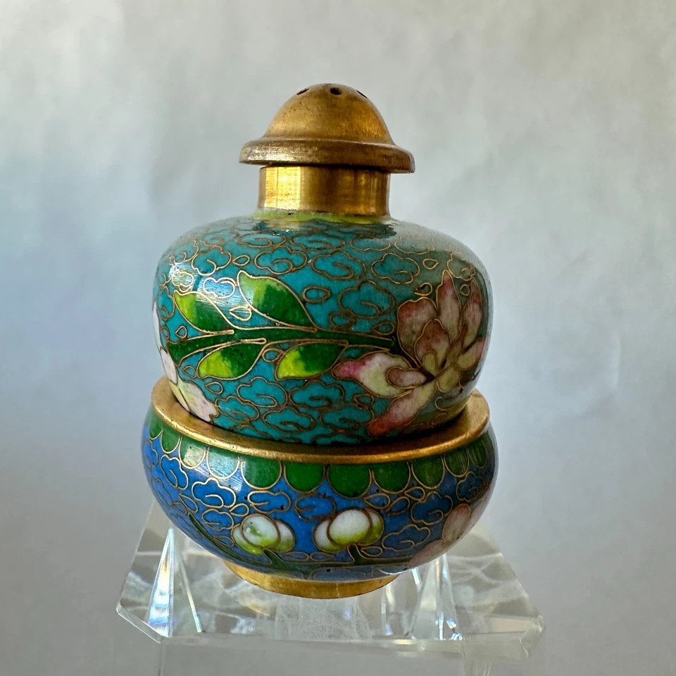 Salero y pimentero Cloisonné vintage con tapa de latón, años 60 chinos Foto 2 de 4