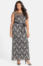 Alex Evenings Belted Illusion Yoke Lace Long A-Line Dress  (Size 16P)