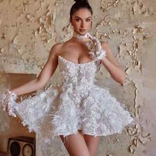 Short Lace Strapless Feather Wedding Dresses with Sequined 3D Florals Lace-up