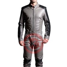 MEN'S GENUINE SOFT GRAY LEATHER CATSUIT FRONT ZIPPER OVERALL BODYSUIT JUMPSUITS