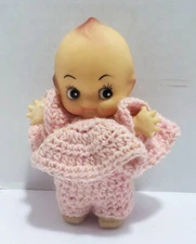 Vintage Kewpie Sweet Little Baby Doll Hard Plastic Crocheted Dress Marked UAT