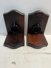 - Pair Of Rustic Wrought Iron Rings Book Ends Stained Wood Library Vintage
