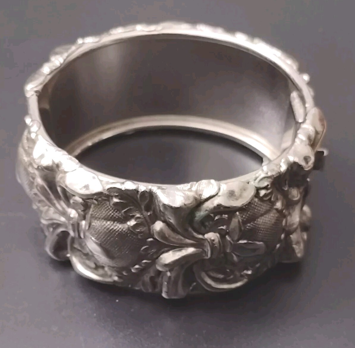 Vintage Whiting Davis Wide Hinged Bracelet Silver Tone Floral