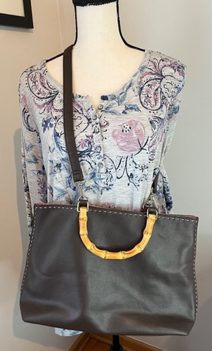 Vintage Liz Claiborne Brown Tote 2-Cane Handle Handbag Soft Fuchsia Lining - Picture 2 of 9