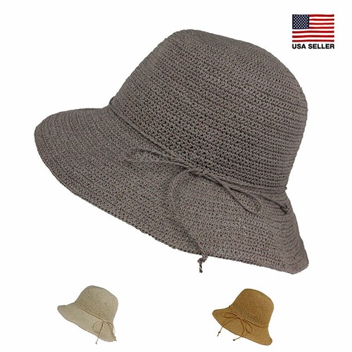 Straw Crochet Ribbon Bucket Hat Summer 