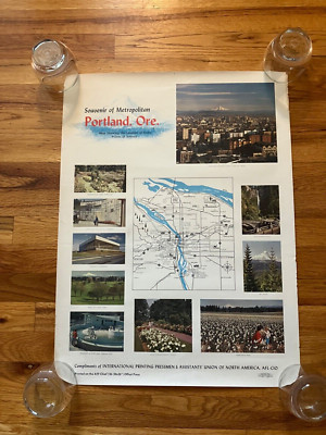Vintage 70s ''Souvenir of Portland Oregon'' Colorful Litho Travel Poster 25'' x 19''