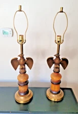 Pair Vintage 1970’s Federal Style Americana Brass Eagle Table Lamp Wood Base