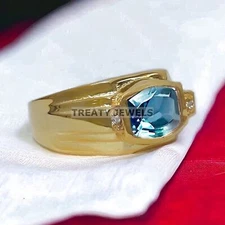 Aquamarine Cushion Cut With 925 Sterling Silver Gold Plated Ring For Men's #146
