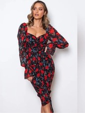 JAUS Black Red Floral Smocked Midi Dress Romantic Puff Sleeve Bodycon Garden