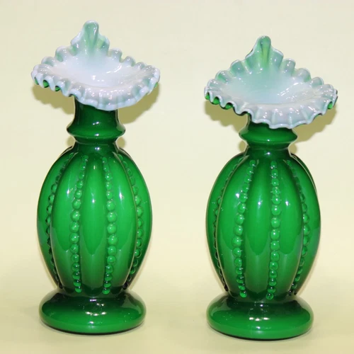 Pair Fenton Ivy Green Beaded Melon Vase Jack In The Pulpit Crimped Ruffled 9 1/2