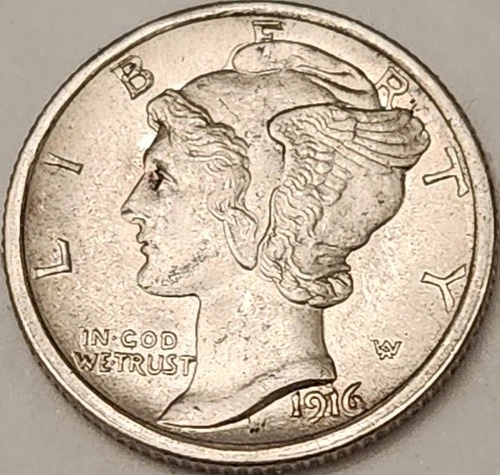 1916 Mercury Dime Better Date Sharp Split Bands AU Raw Uncertified 90% Silver