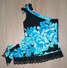 Vtg 90s OBOE One Shoulder Stretch Blue Tulip Tropical Resort Beach Summer Top S