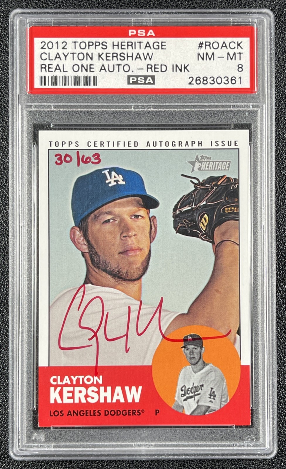 CLAYTON KERSHAW PSA 8 2012 TOPPS HERITAGE #ROA-CK REAL ONE RED INK AUTO 30/63