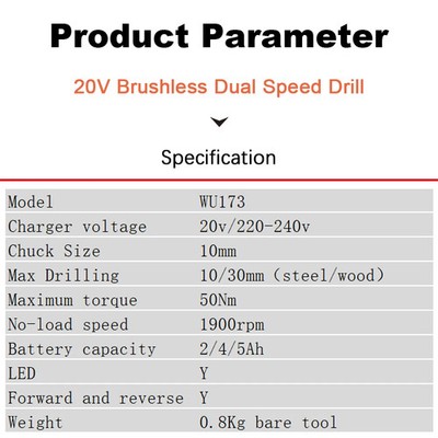 20V Brushless Cordless Drill Driver 2 Speed 50Nm Power Tool No Battery
