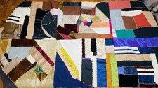 Vtg Hand Stitched CRAZY QUILT Patchwork Vevet Feather Stitch Embroidery Cutter
