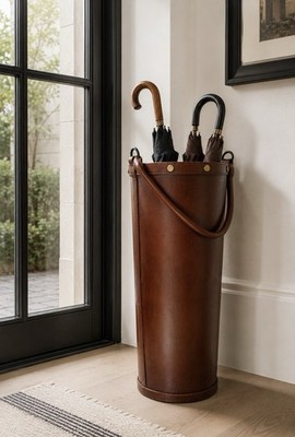 Mid Century French Leather Umbrella Stand in the Style of Jacques Adnet