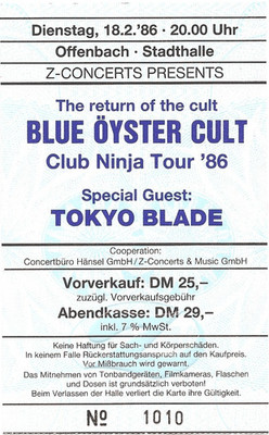 Blue Öyster Cult  In Concert 1986 Offenbach Ticket /Konzertkarte /Eintrittskarte