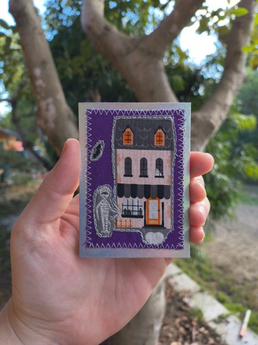 Aceo Original Fabric Collage Halloween Haunted House, Purple With Bat And Mummy