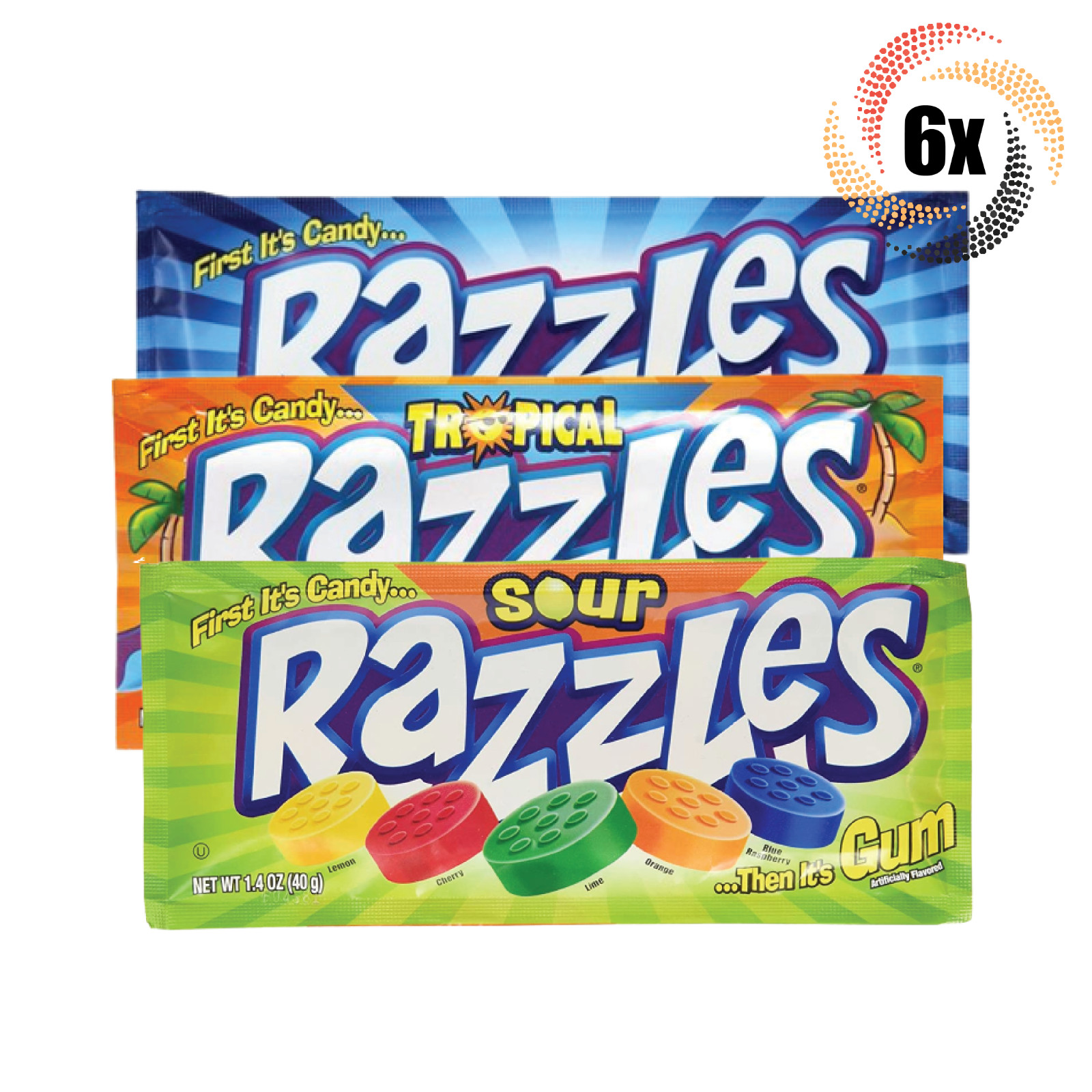 6 упаковок жевательной резинки Razzles Variety с различными вкусами по 1,4 унции (Быстрая доставка!)