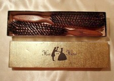 VTG His/Hers Couple Clothes Brushes Wood Handle Leather Back Nylon Bristles Box