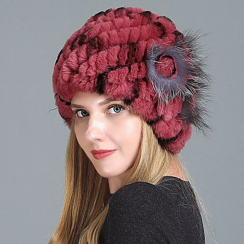 Damen Echt Rex Kaninchenfell Beanie Mütze Winter Warm Mütze mit Fuchs Handarbeit Geflochten - Bild 52 von 52