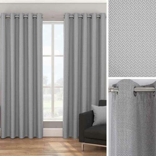 Grey Eyelet Curtains Thermal Herringbone Ready Made Cosy Ring Top