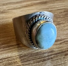 Natural Larimar Cabochon Sterling Silver Wide Band Ring Vintage Heal Size 8.5