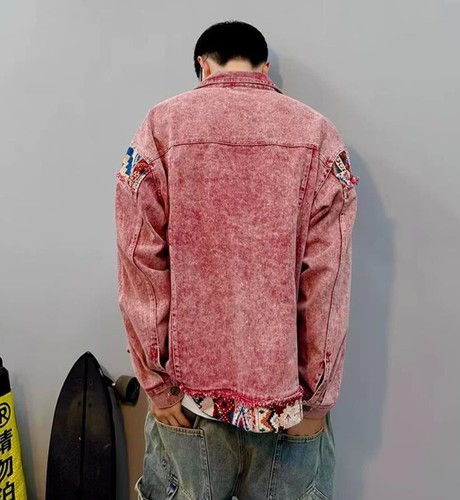 Giacca jeans uomo rosso rosa denim cotone punk casual cappotto bottoni retrò misto - Foto 5 di 9