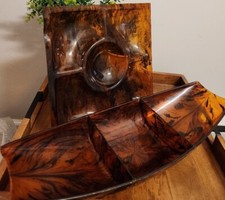 Lucite Veggi Dip & Boat Shaped Relish Faux Tortoise Shell Barware MCM Vintage 