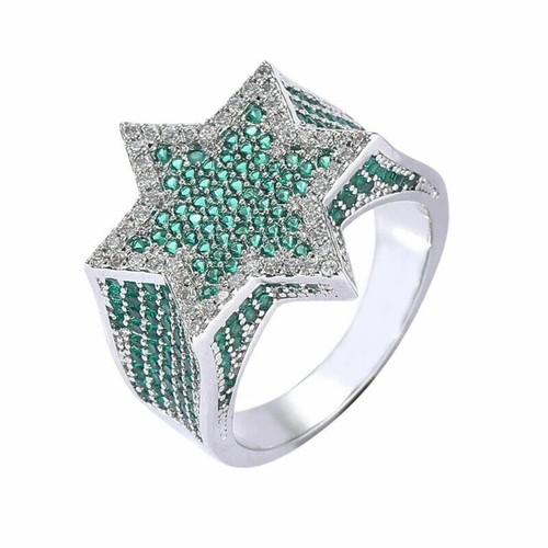 3 Ct Round Cut Simulated Emerald Men Star Shape Pinky Ring 14k White Gold Plated - Picture 2 of 14