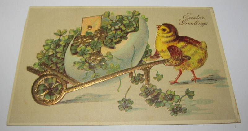 1910 Easter Greeting Chick Pushing Egg Wheelbarrow Embossed Antique Postcard