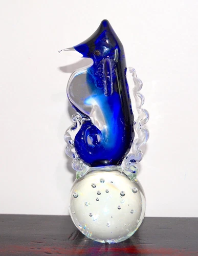 Vintage Murano Seahorse Cobalt Blue Bubble Base Art Glass Figurine