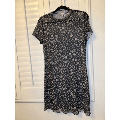 Love Fire Black Daisy Floral Sheer Mesh Mock Neck Mini Dress 90s Gothic - L