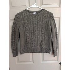 LL Bean Womens Small Petite Olive Green Cable Knit Cotton Crewneck Sweater