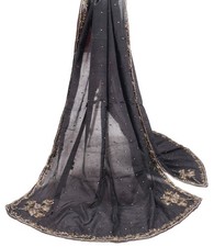 Sushila Vintage Black Pure Chiffon Dupatta Glass Beads Embellish Long Stole Veil