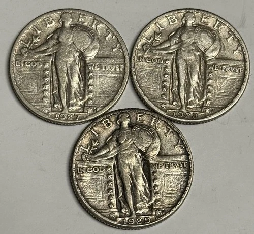 Fine/VF 1927-P 1928-P 1929-P Standing Liberty Quarters, U.S. 25c Coins Set Lot