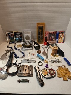 Vintage Estate Junk Drawer Lot Coins Knives Jewelry Belt Buckles. Watch