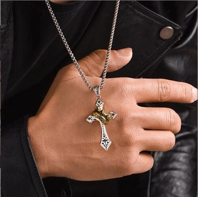 Mens Stainless Steel Cross Necklace with Gold Crown Pendant Christian Jewelry - Image 3 of 4