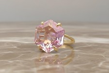 Rose Quartz Ring Anemone Jewelry Hexagon Cut Yellow Gold Solid Pink
