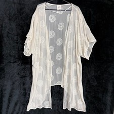 Cream Embroidered Medallion Sheer Open Front Kimono Cardigan L/XL Festival Boho