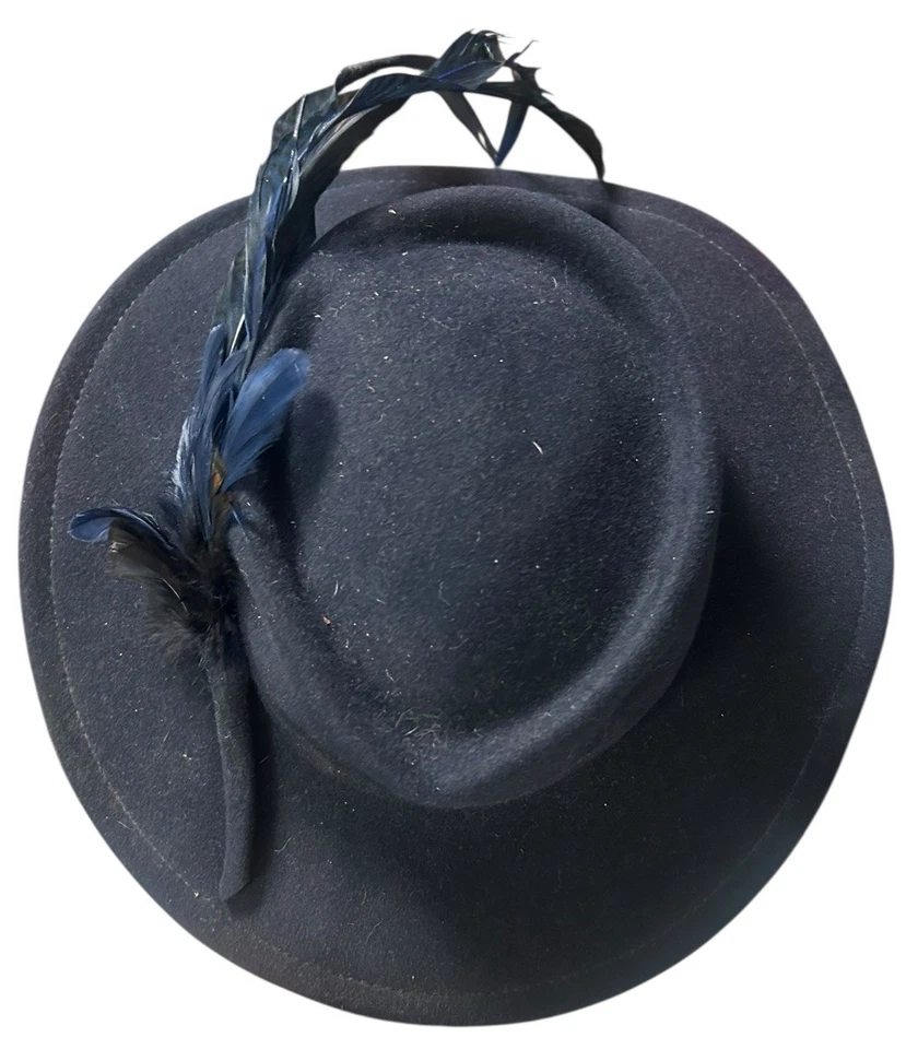 De Colección Christl Wagner Bamberg Ala Ancha Piel Fieltro Sombrero Azul Pluma Borde Alemania Foto 3 de 4