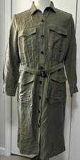 Ann Taylor Linen Dress Army Olive Green Women Loft 12 Button Up Belted Long New