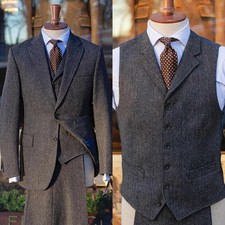 Men's Herringbone Tweed Vintage Jacket Pant Vest Single Breasted Office Suits