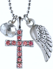 October Birthstone Cross Necklace with Angel Wing Charm and Crystal Bead