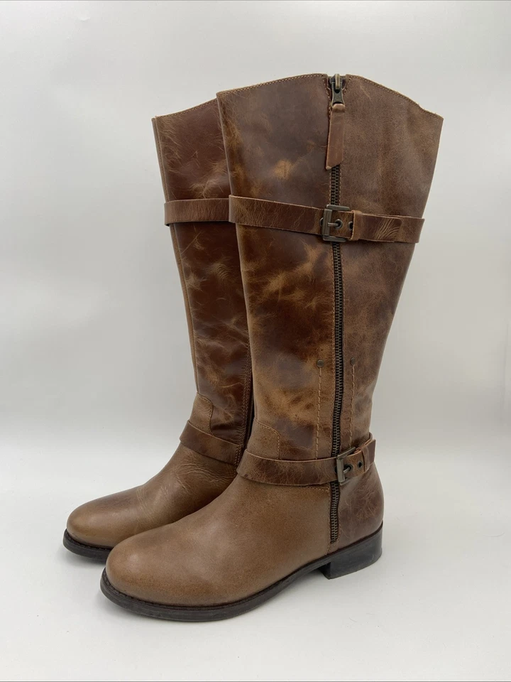 Botas Matisse Femininas Tamanho 8W-WC Milícia Alta Equitação Couro Marrom Joelho Zíper Cinto - Imagem 2 de 4